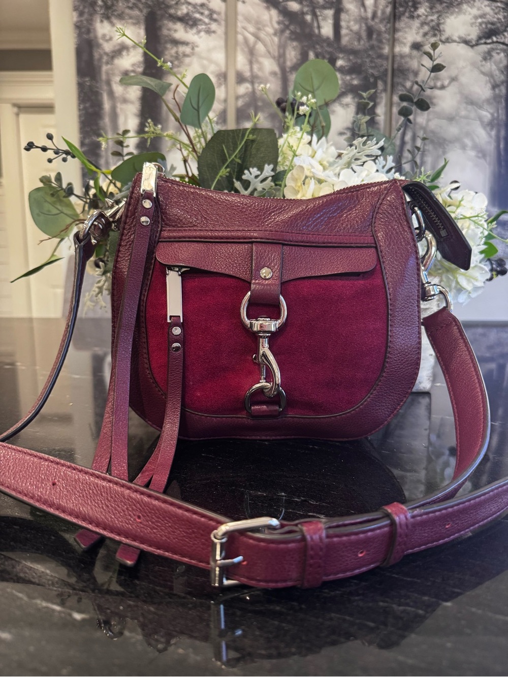 ♥️Rebecca Minkoff Hook Up Crossbody Burgundy Leather Suede Bag